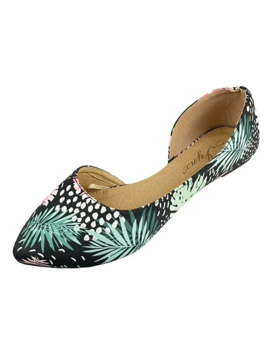 Tropical Print Womens Pointed-Toe Ballet Flats Size 7 Jynx Black With Pink & Gre - Picture 11 of 11